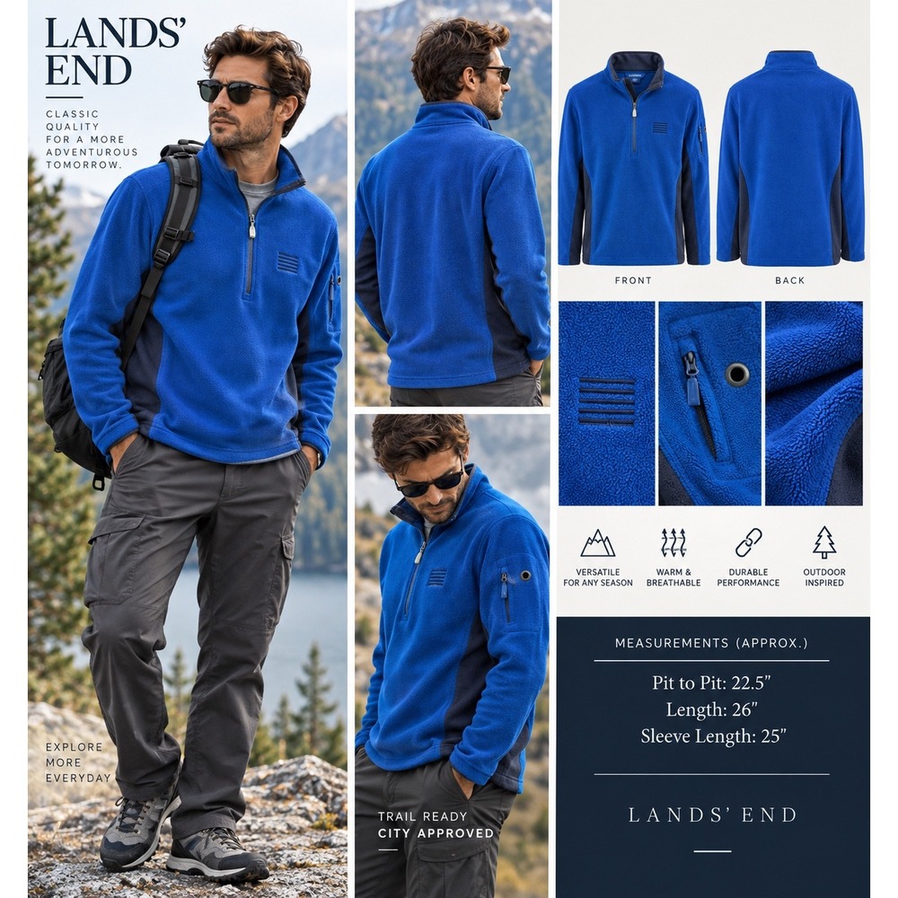 Lands' End Men's L Blue Fleece Quarter Zip Gorpcore Hiking Outdoor Pullover